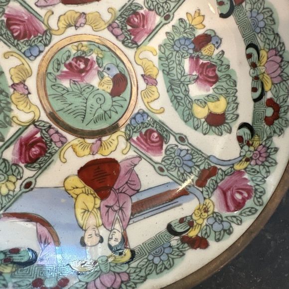 Antique Chinese Bowl w/ Pewter Bottom Porcelain White Pink Rose Design & Figures - Picture 3 of 7